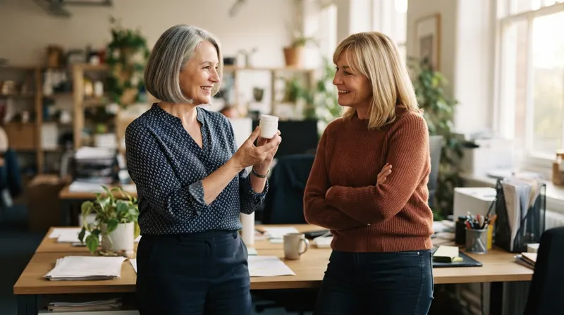 Two coworkers talking at the side of an office desk, one holding a small jar