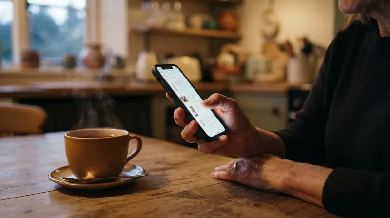 A hand holding a phone scrolling product reviews at a kitchen table