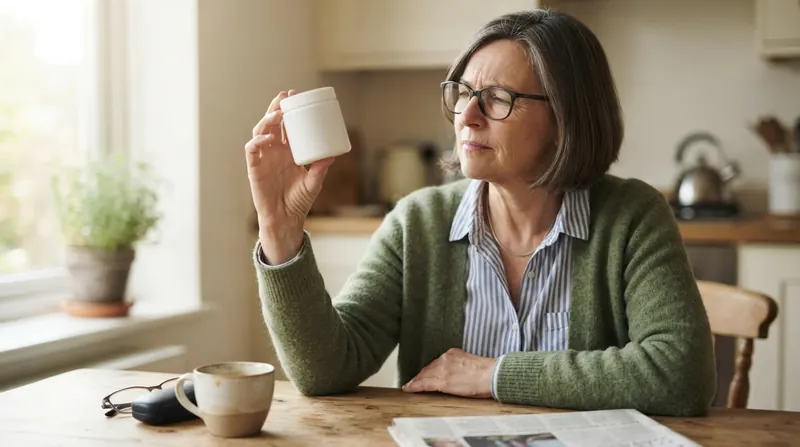 A school nurse in a cardigan reading the back of a small jar at her kitchen table