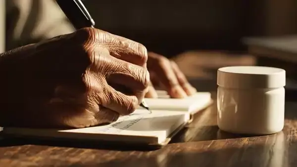 A pen writing a short daily note in a small open notebook beside a jar, seamless loop
